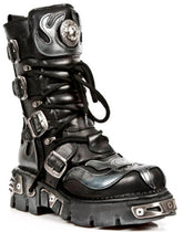 NEW ROCK - 107-S2 Silver Flame Skull Lace Up Boots